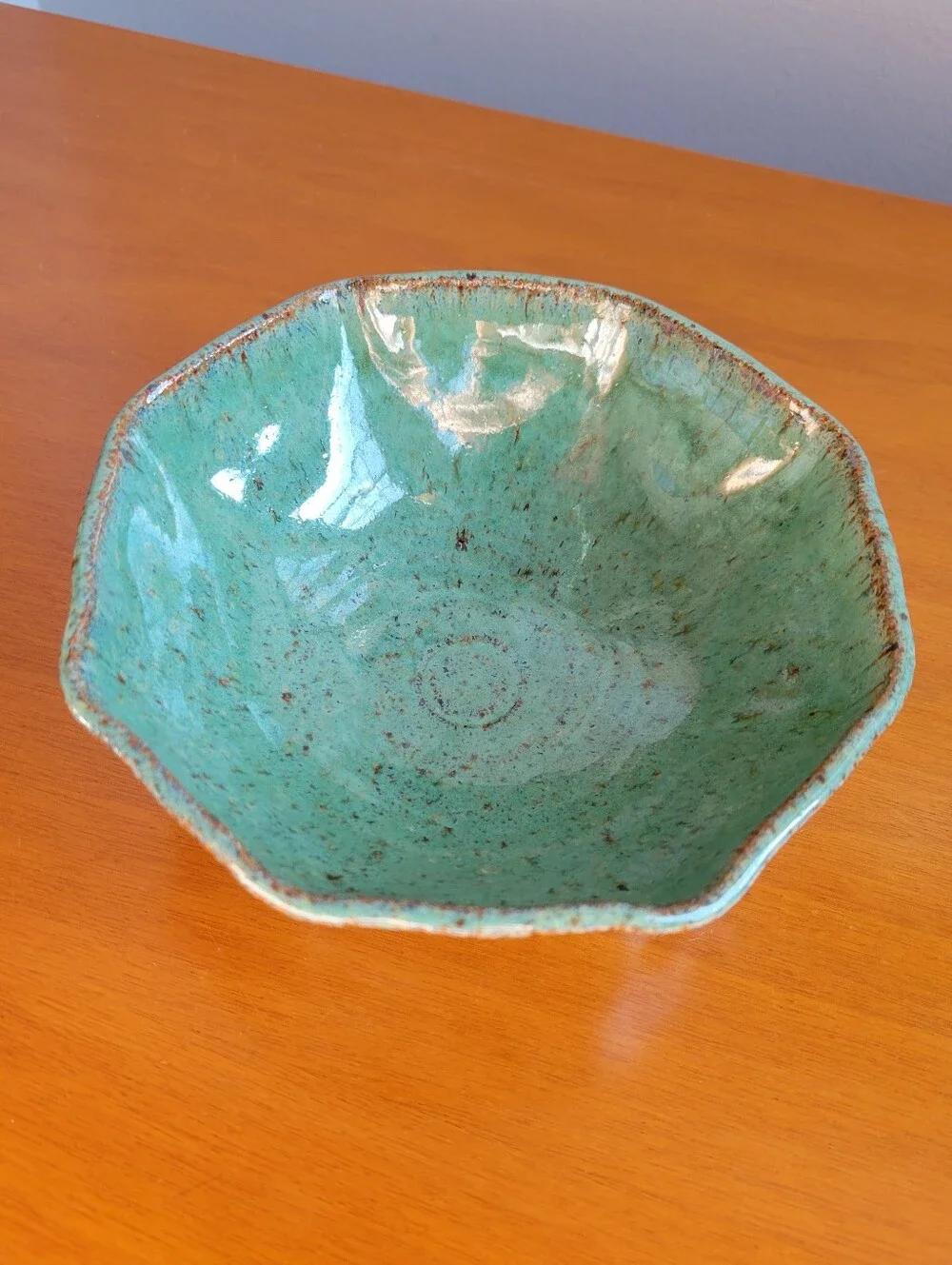 Handmade Studio Pottery Bowl Sea Green Brown Speckled Glaze Organic Wavy Rim